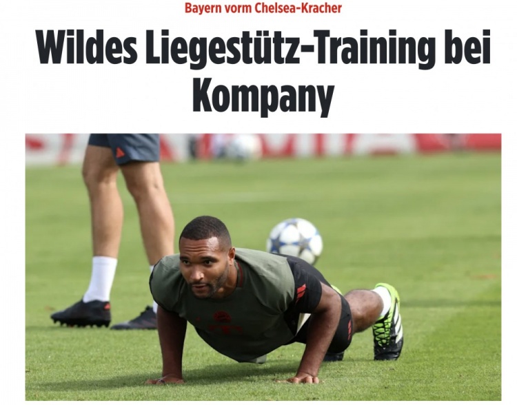 图片报:拜仁战切尔西前最后一练进行抢圈练习,输队须进行俯卧撑