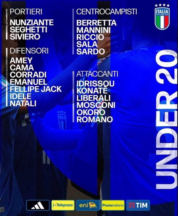意大利U20大名单:伊德里苏、利贝拉里、奥科罗、萨拉入选