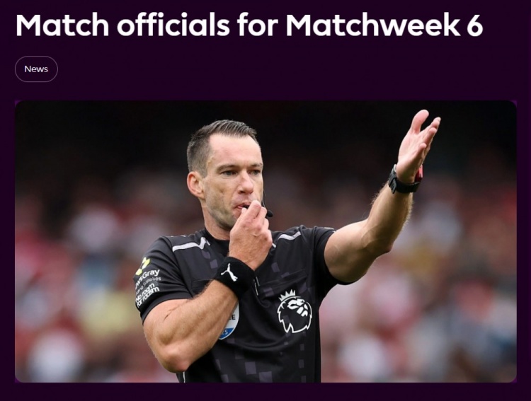 英超第6轮裁判:吉莱特执法纽卡阿森纳,胡珀执法切尔西布莱顿